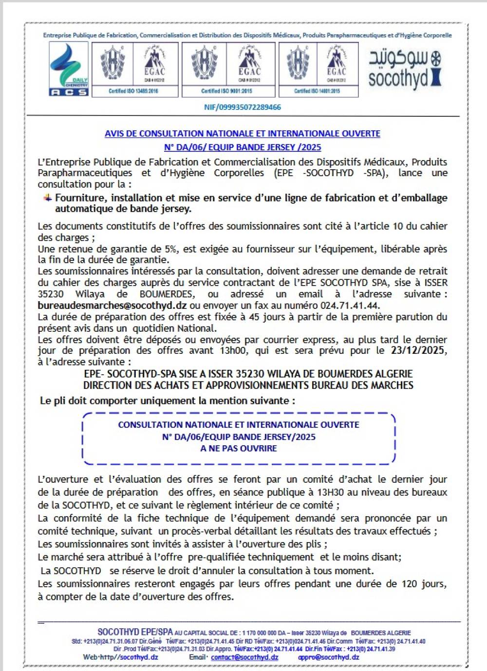 AVIS DE CONSULTATION NATIONALE OUVERTE