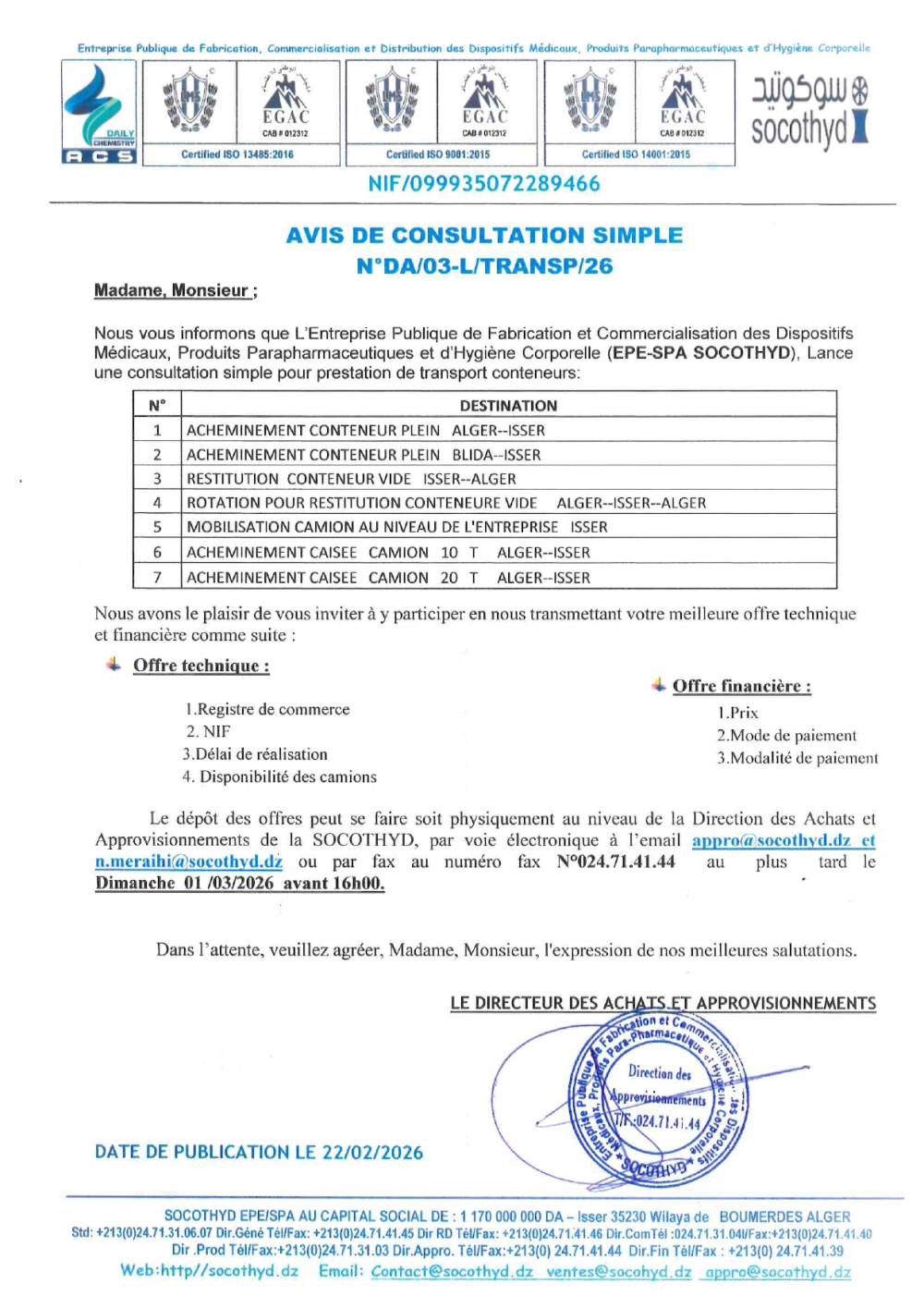 Avis de consultation simple N° DA/03-L/TRANSP/26