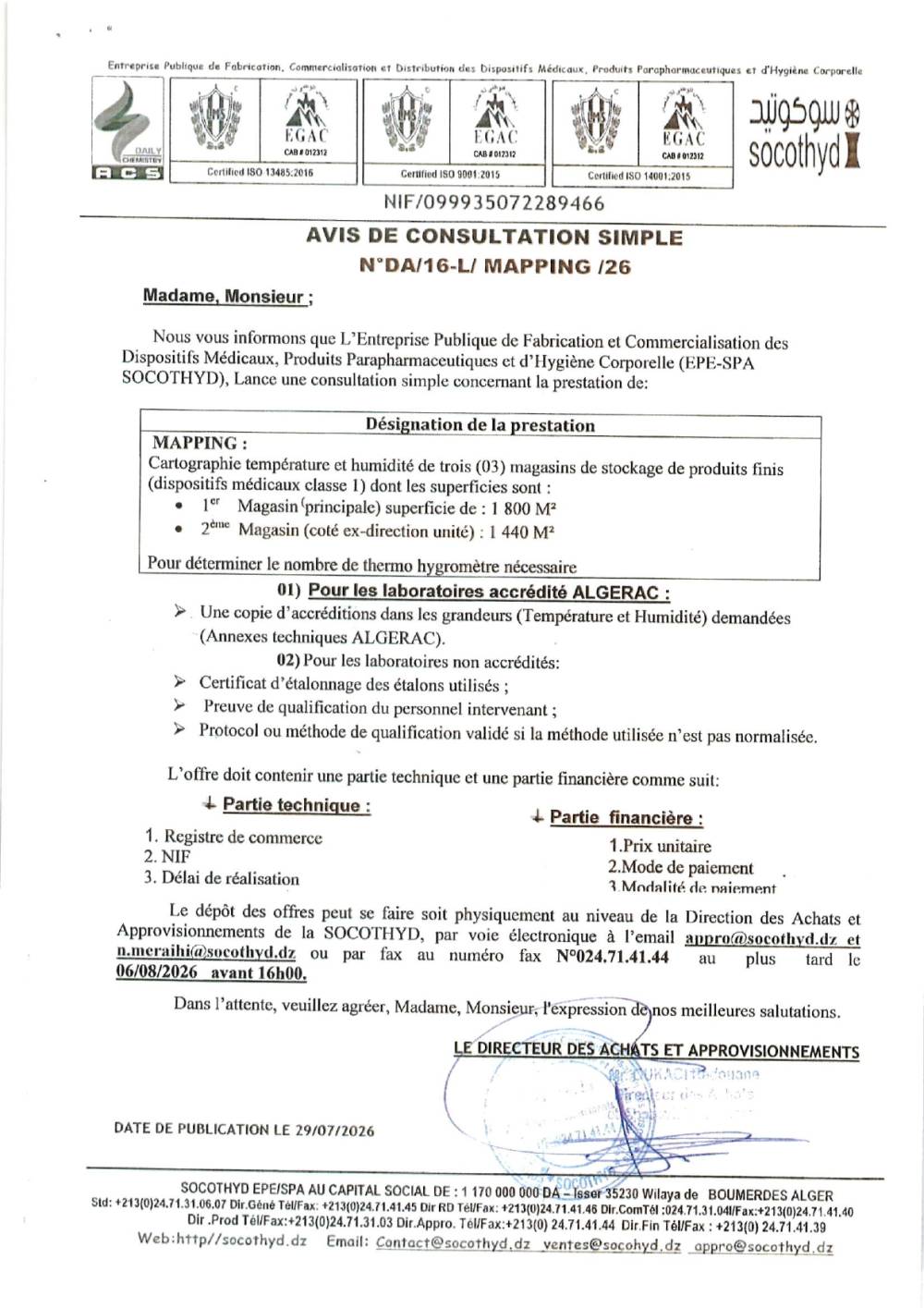 AVIS DE CONSULTATION SIMPLE N°DA/16-L/ MAPPING /26