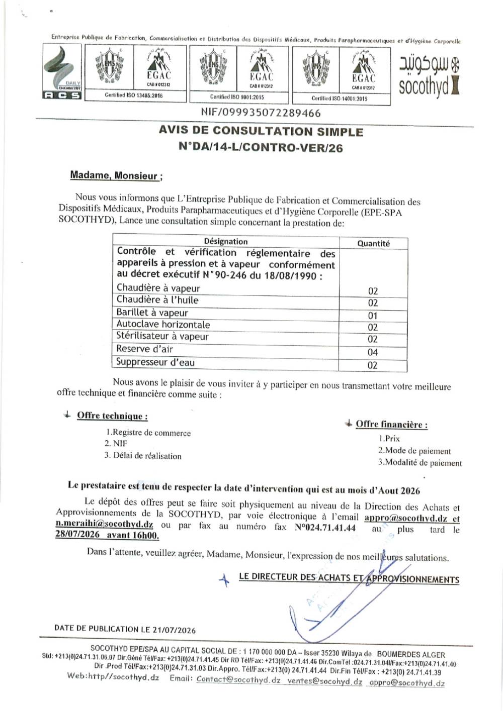 AVIS DE CONSULTATION SIMPLE N°DA/1 4-L/CONTRO-VER/26